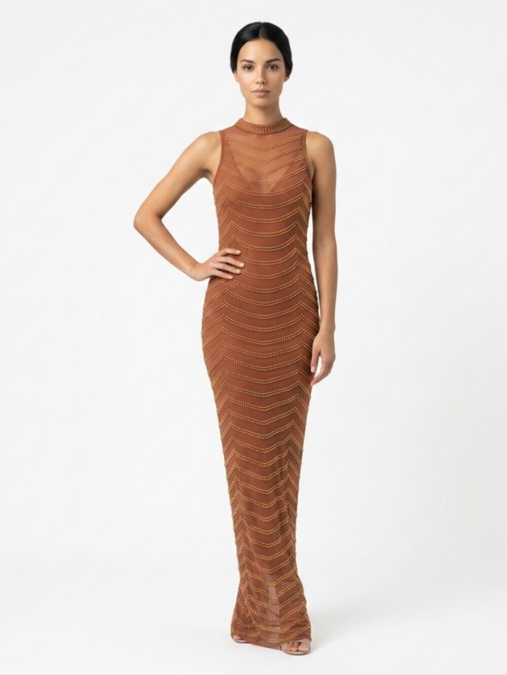 Elegant Sleeveless Maxi Dress Copper with Chevron Studded Texture Mesh Fabric XS